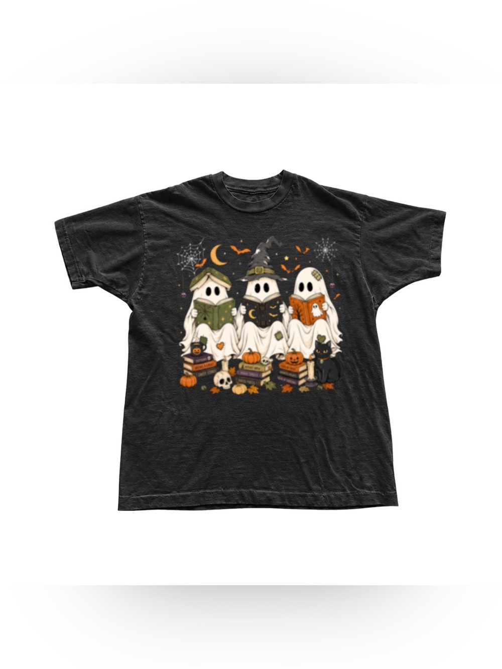 Black Short Sleeve Tee with Reading Halloween Ghosts